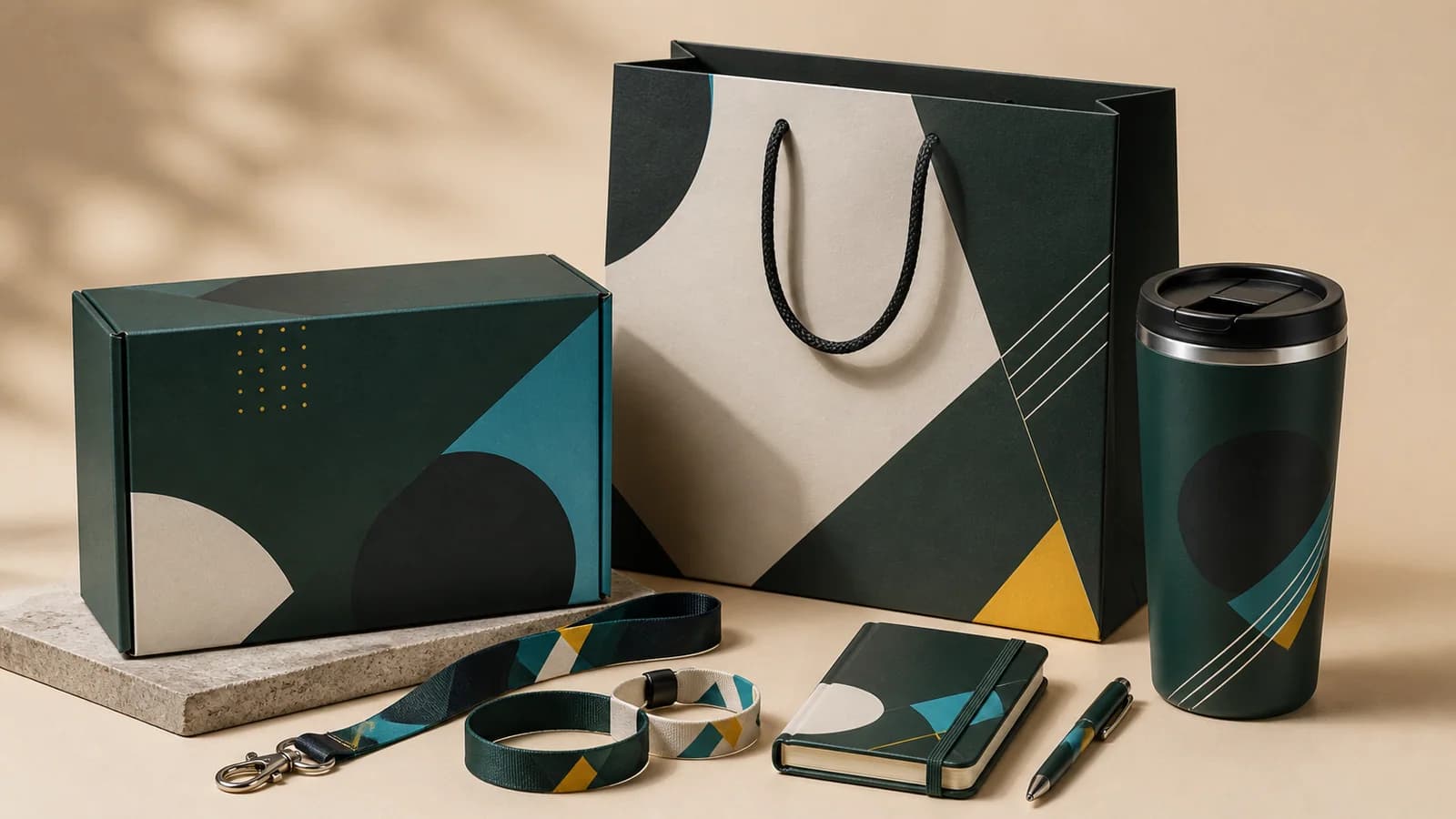 Custom packaging, paper bags, wristbands, drinkware, and corporate gifts arranged together