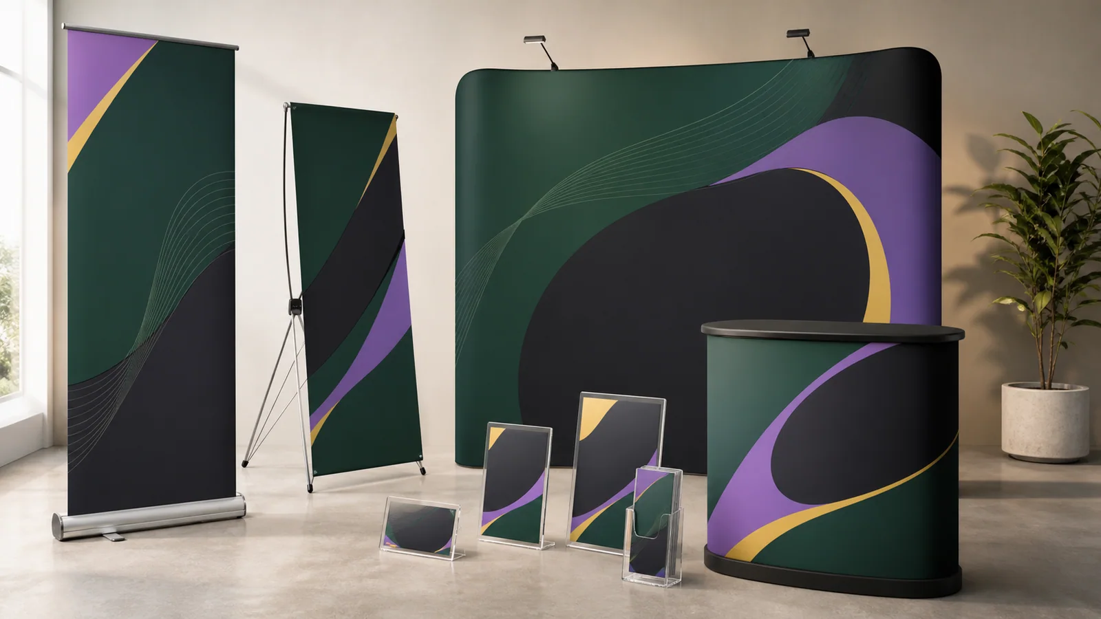 Roll-up and X-stand banners, a pop-up backdrop, promo counter, frames, and holders displayed together