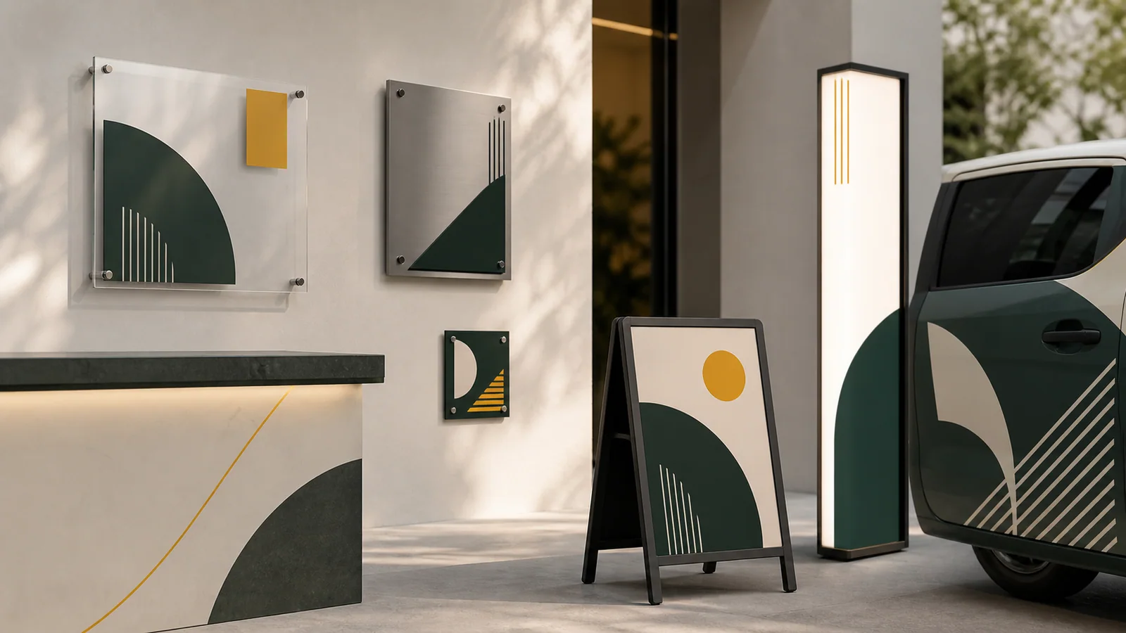 Acrylic, metal, A-frame, vehicle, and illuminated signs displayed together